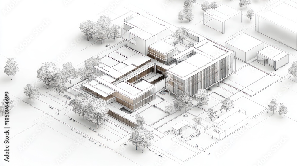 Poster architectural rendering of a modern multi-building complex.