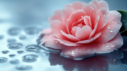 A delicate pink rose floating on water with droplets.