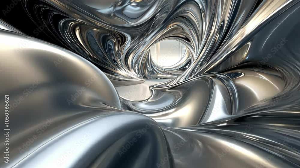 Poster a silver, abstract digital rendering of a swirling, undulating structure that resembles a tunnel or 