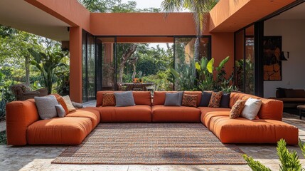 Cozy orange sectional sofa in a bright, lush indoor-outdoor space.
