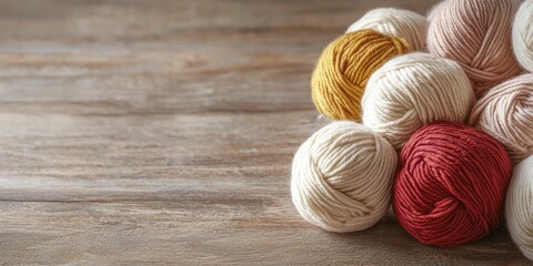 Close-up of luxurious knit yarn balls strewn across a wooden table, cozy workshop environment, fostering creativity, gentle play of light.