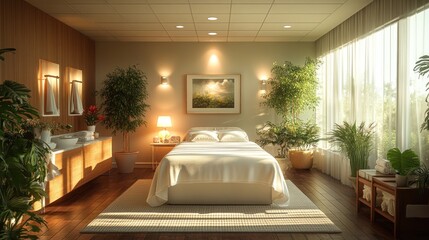 Cozy bedroom with natural light and greenery for relaxation.