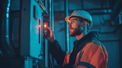 technician is inspecting gas furnace for leaks and safety concerns, ensuring proper functionality and safety in industrial setting. focused expression highlights importance of task