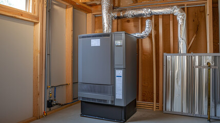 gas furnace is installed in residential setting, showcasing its sleek design and ductwork. image highlights importance of proper installation for safety and efficiency