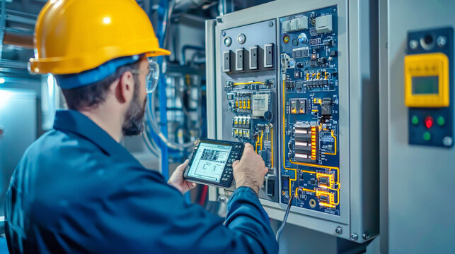professional technician is diagnosing furnace control board using handheld device, showcasing expertise in industrial maintenance. environment is well lit and equipped with advanced technology