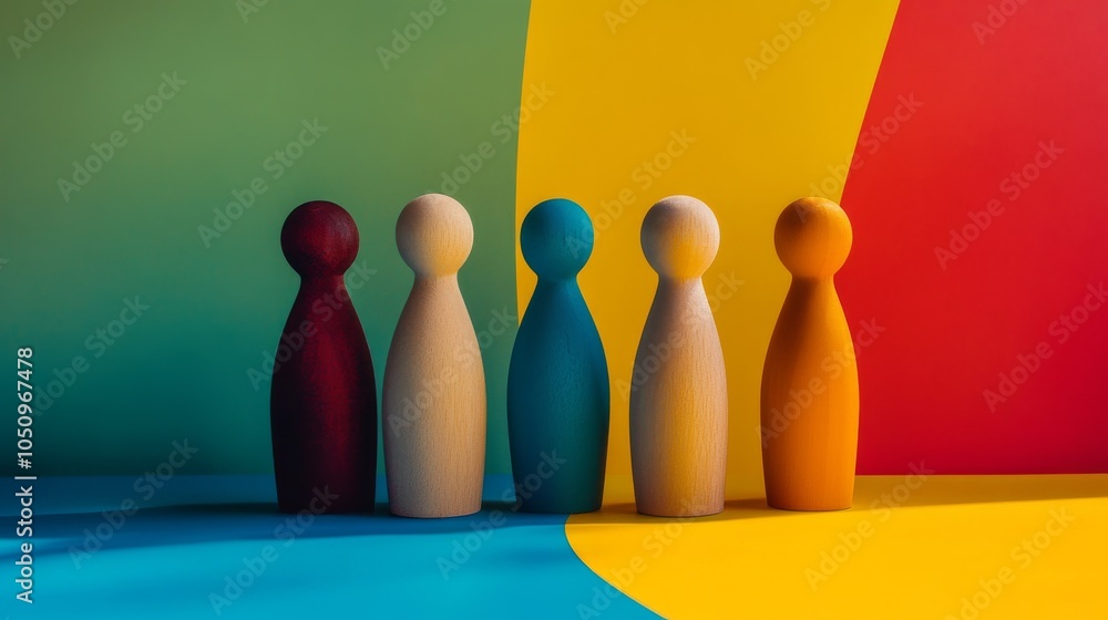 Poster Harmony in diversity, depicted through abstract shapes in complementary colors, symbolizing unity and collaboration