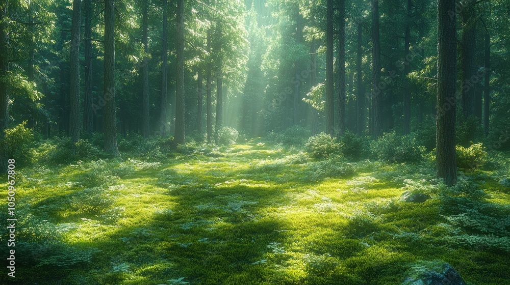 Poster serene forest with sunlight filtering through trees, creating tranquility.