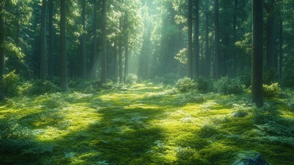 Obraz premium Serene forest with sunlight filtering through trees, creating tranquility.