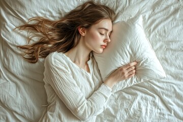 Naklejka premium A peaceful young woman rests on a bed. Her soft features and loose hair create a serene scene. This image captures tranquility and comfort in a cozy bedroom setting. AI