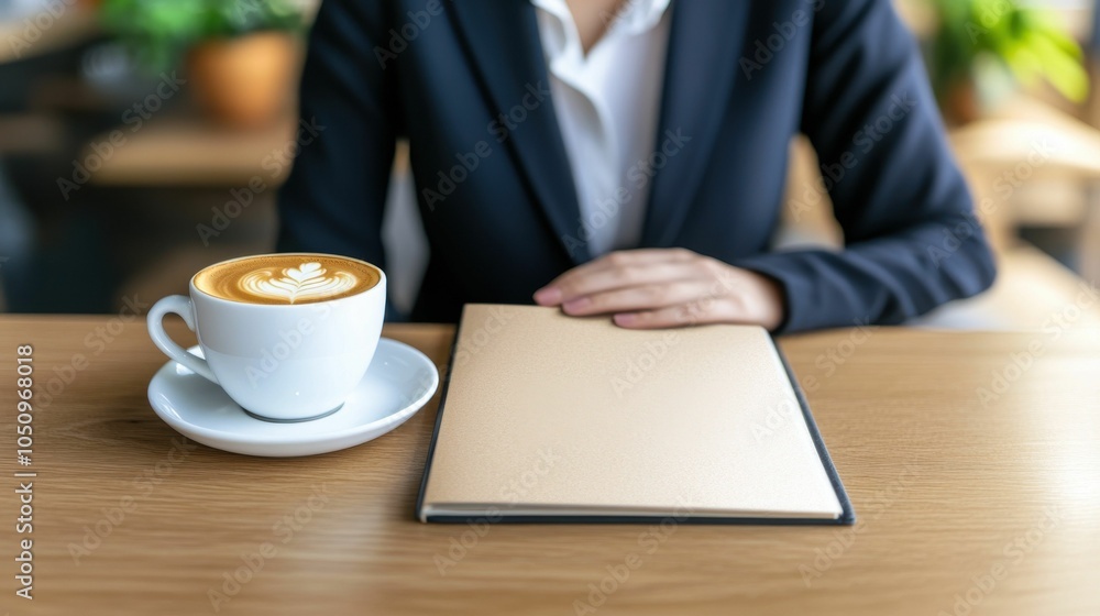 Wall mural smart working women. a woman in a suit sits at a table with a cup of coffee and a blank notebook