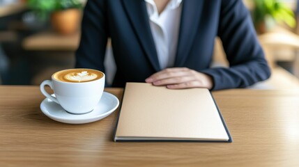 Smart working women. A woman in a suit sits at a table with a cup of coffee and a blank notebook