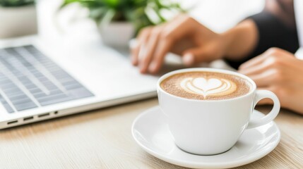 A person is typing on a laptop while holding a white coffee cup with a heart des