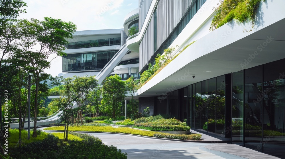 Aufkleber Inclusive architecture depicted by a modern building designed with accessibility features and green spaces, Reflecting urban inclusivity, photography style