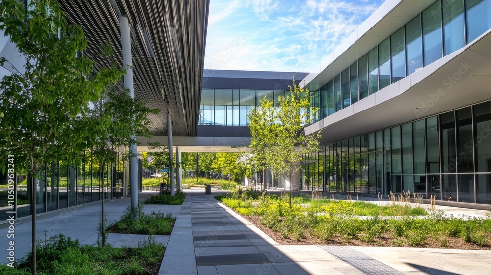 Aufkleber Inclusive architecture depicted by a modern building designed with accessibility features and green spaces, Reflecting urban inclusivity, photography style