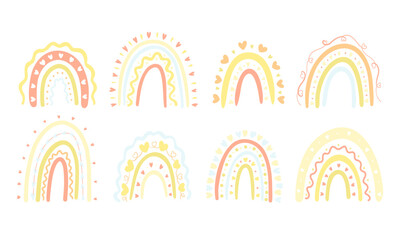 Cartoon rainbows with hearts in trendy colors, isolated on a white background. Cute bright colorful arch elements isolated vector set for kids design. Collection in the shape of a rainbow.