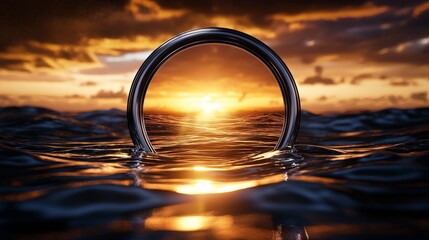 Dramatic sunset over the sea through a ship's porthole, with golden-orange hues reflecting on the waves, giving a warm, serene maritime feel