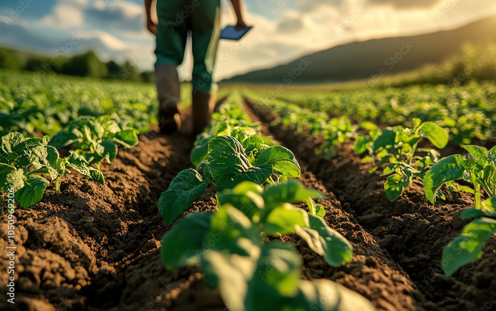 Poster Closeup of a farmer utilizing a digital tablet in an expansive field