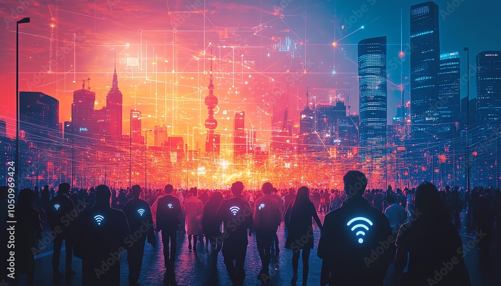 Poster crowd of people connected through a network of lines and symbols