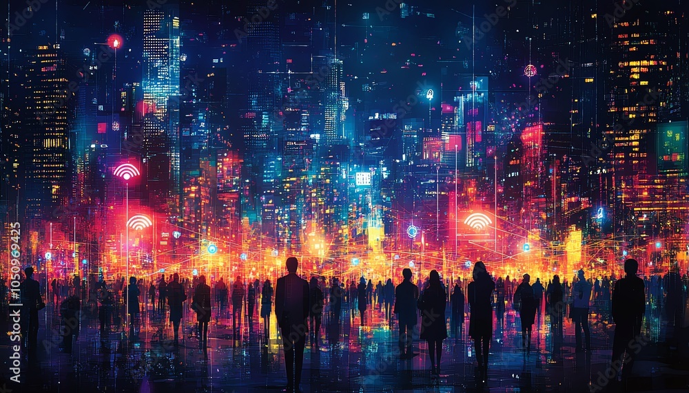 Aufkleber Crowd of people connected through a network of lines and symbols