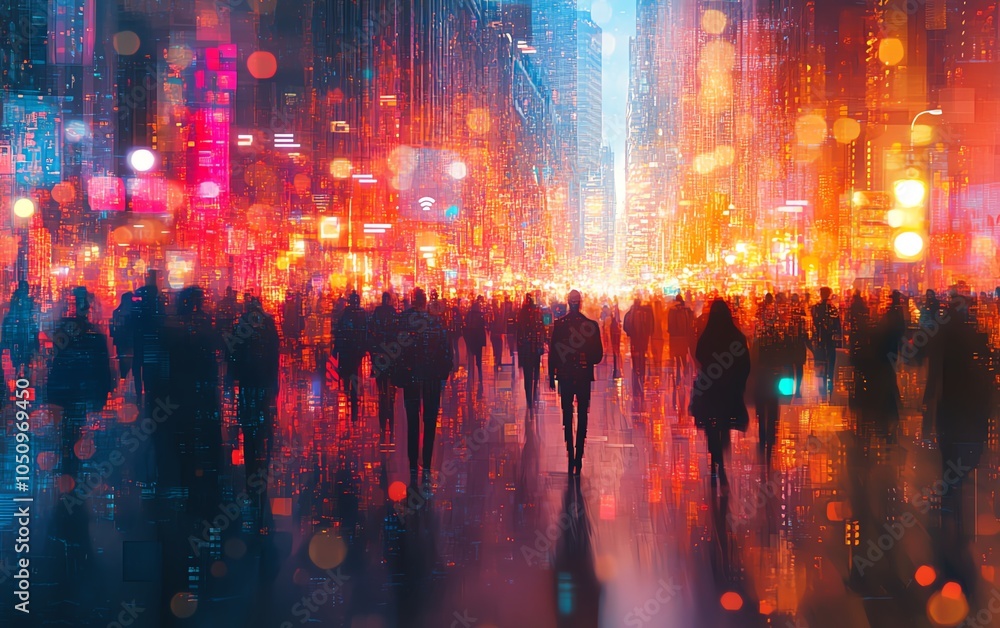 Aufkleber Crowd scene with visible data connections and networks