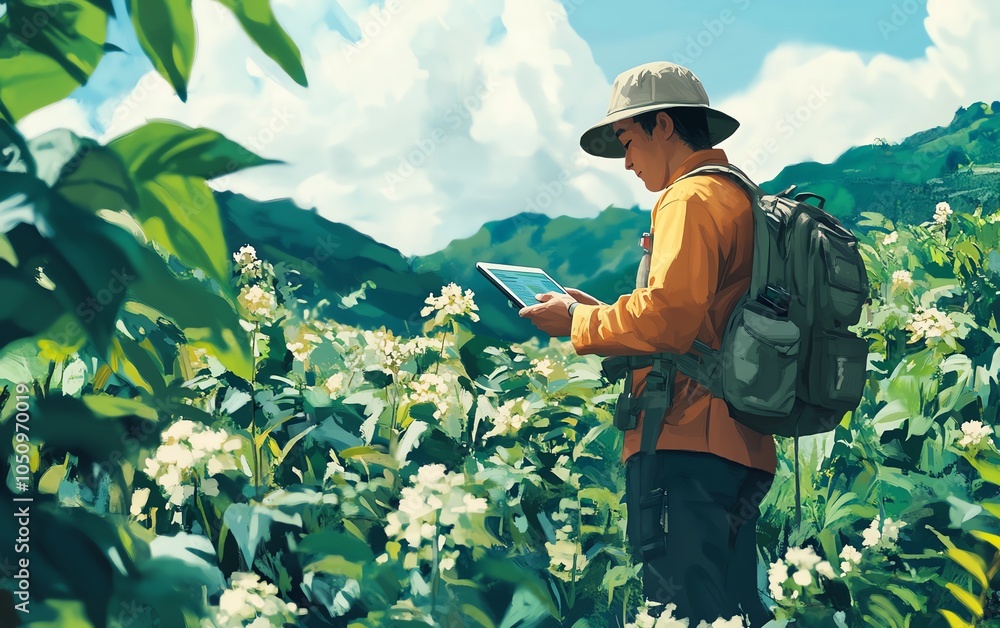 Poster Scene of a farmer checking data on a digital tablet in a flourishing field