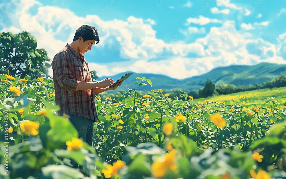 Poster Scene of a farmer checking data on a digital tablet in a flourishing field