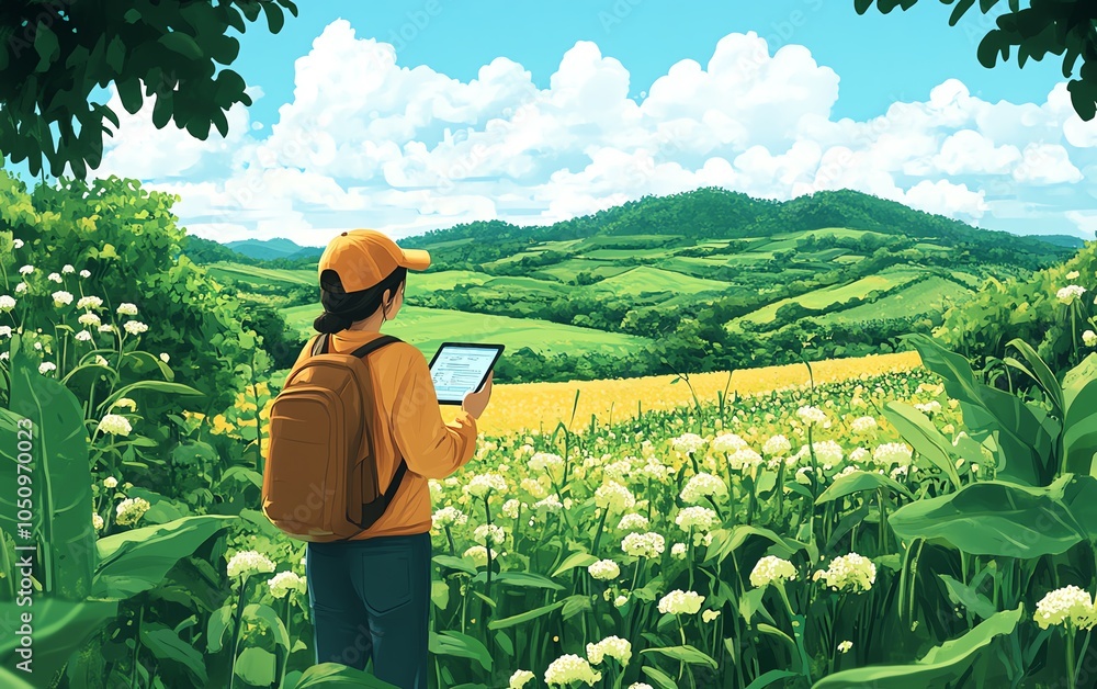 Poster Scene of a farmer checking data on a digital tablet in a flourishing field