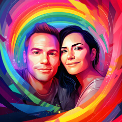 Obraz premium Paarporträt mit buntem Regenbogen-Hintergrund - KI generiert