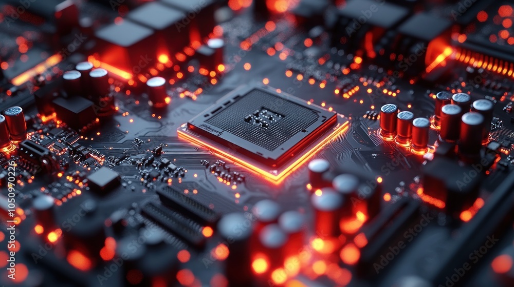 Poster close-up of a glowing circuit board with intricate components.