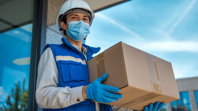 Delivery Worker Wearing Mask and Gloves Handling Package in Outdoor Setting for Contactless Delivery - Powered by Adobe