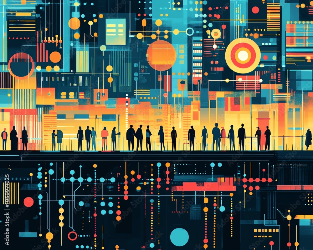Poster hightech illustration featuring a network of lines connecting people