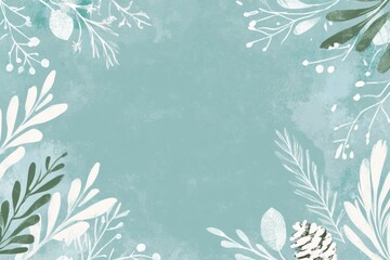 Obraz premium Abstract blue background with stylized white and green leaves in a minimalist design.