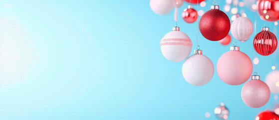 Festive Christmas ornaments in vibrant colors on a bright blue background, creating a cheerful holiday scene.