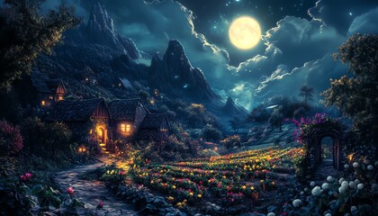 Cursed farm at night with spirits swirling among the crops, illuminated by soft moonlight, chilling shadows and vibrant fantasy colors, stunning wallpaper design