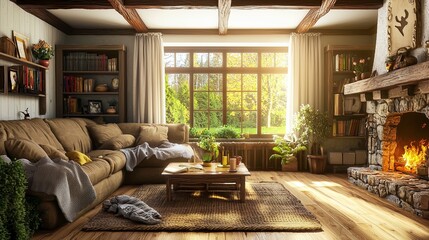 Warm and Cozy Living Room with Rustic Beams and Stone Fireplace - Generative AI