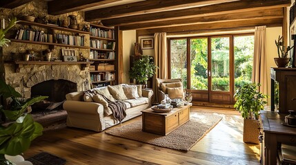 Warm and Cozy Living Room with Rustic Beams and Stone Fireplace - Generative AI