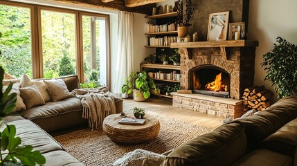 Warm and Cozy Living Room with Rustic Beams and Stone Fireplace - Generative AI