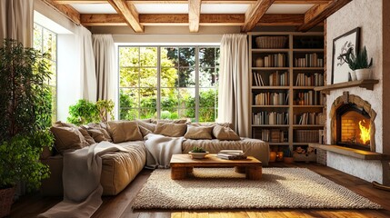 Warm and Cozy Living Room with Rustic Beams and Stone Fireplace - Generative AI