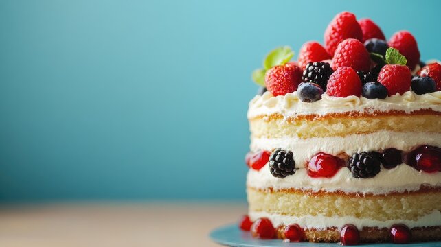 Vanilla layered cake garnished with fresh berries and cream - Powered by Adobe