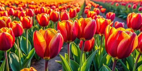 Vibrant aerial view of red and yellow tulip fields in spring