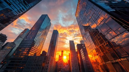 Drone above skyscrapers reflecting the setting sun hypermaximalist advertising photography hyper realistic fine detail