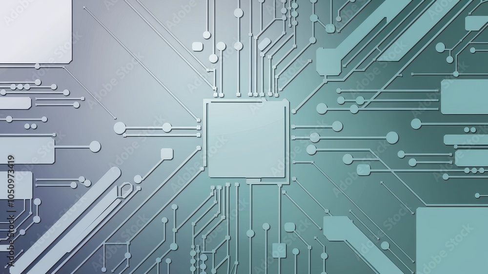 Poster abstract circuit board design with soft green tones and white spaces.