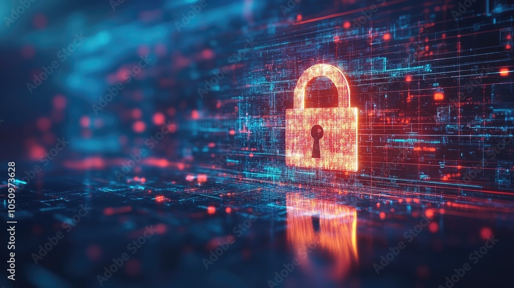 Poster digital padlock symbolizing cybersecurity against background of data and electronic circuits