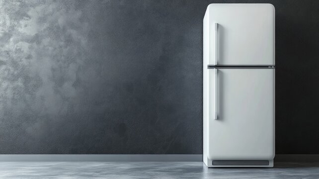Classic white refrigerator against dark wall in minimalist room