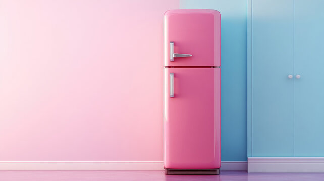 Pink retro refrigerator against pastel-colored wall and modern cabinets