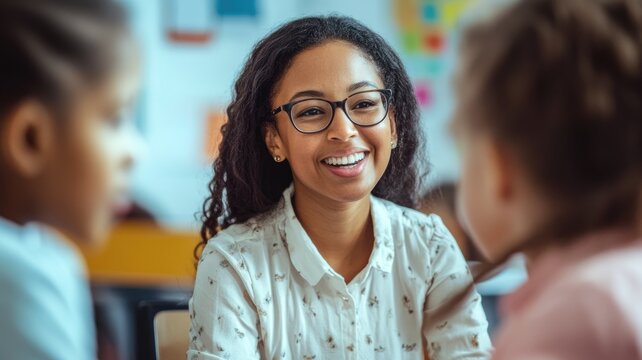 Smiling woman engaged with children in classroom setting