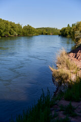 Neuquen River in Argentina. Quiet scene, the water flows calmly between the banks, with lush vegetation, it is springtime.