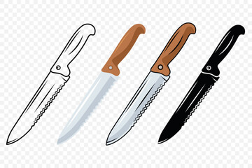 Vector Kitchen Knife Icon Set. Bread Knife with Serrated Blade, Kitchen Knife Design Templates. Outline, Colored, Silhouette Knife. Vector Illustration