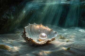 A pearl in a seashell underwater. Perfect for illustrating stories about finding beauty.