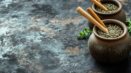 Two ceramic pots with dried herbs and bamboo spoons on rustic background